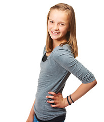 Image showing Young teen, portrait and happy girl in a studio with a smile and youth confidence. White background, female teenager and person with casual fashion and teens style with happiness of model mockup