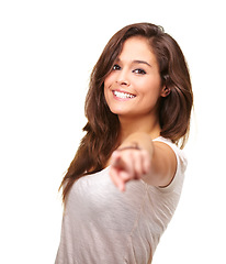 Image showing Isolated woman, portrait and point at you with smile, happiness or pick volunteer by white background. Girl, model or student pointing for hiring, recruitment or choice for accountability by backdrop