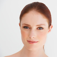 Image showing Red head, beauty and portrait of woman in studio for cosmetics, wellness and facial on white background. Dermatology, skincare and face of female person for natural makeup, glow and healthy skin