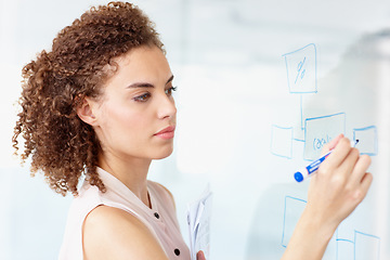 Image showing Serious, business woman and writing in planning for schedule, brainstorming or strategy at the office. Focused female employee working on project plan, tasks or coaching on whiteboard at workplace