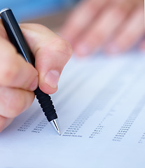 Image showing Person, hands and writing in finance, spreadsheet or checklist for paperwork, budget or expenses on form. Closeup of accountant hand working on financial document or accounting with pen in management