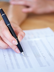 Image showing Woman, hands and writing in finance spreadsheet, accounting or paperwork for budget expenses on form. Hand of female accountant working on financial document, checklist or paper with pen for report