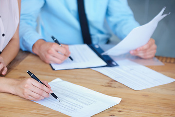 Image showing Business people, hands and writing on financial documents in accounting or budget expenses on office desk. Auditor working on finance report in team collaboration or audit with spreadsheet on table