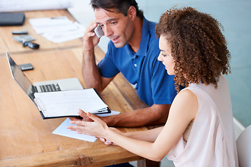 Image showing Business, documents and team in a meeting with laptop for planning, idea and solution in office. Admin, report and people in creative collaboration for startup, budget and company, growth and goal