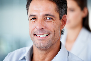 Image showing Face, smile and business man in office with pride for career, job or occupation. Professional, male entrepreneur and portrait of happy executive, mature boss or person from Australia in workplace.