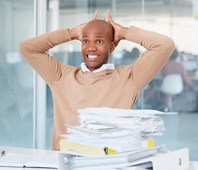 Image showing Stress, documents and mistake with a business man in his office, sitting at a desk while working on a problem. Audit, tax and compliance with a black male employee suffering from burnout at work