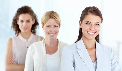 Image showing Portrait, woman and leadership of business people with teamwork in office. Collaboration, leader and happy group of employees, friends and women, team building and confidence in corporate workplace.