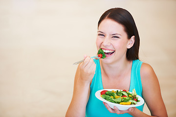 Image showing Woman, portrait and laughing with healthy food or salad with vegetables, nutrition and health benefits. Happy female person on a nutritionist diet and eating vegan for weight loss, wellness or mockup