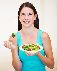 Image showing Woman, thinking and salad or healthy food with vegetables, nutrition and health benefits. Face of a happy female person on a nutritionist diet and eating vegan for weight loss, wellness or detox idea