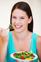 Image showing Salad, healthy food and portrait of a happy woman with vegetables, nutrition and health benefits. Face of a female person on a nutritionist diet and eating vegan for weight loss, wellness or detox