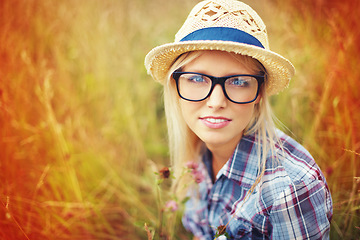 Image showing Lens flare, countryside and portrait of woman in field for freedom, wellness and fresh air outdoors. Nature, summer and face of hipster female person in meadow for relaxing, calm and peace in morning