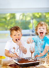 Image showing Portrait, baking and children with messy friends in the kitchen together, having fun with ingredients while cooking. Kids, food and bake with naughty brothers making a mess on a counter in their home