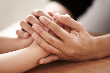 Image showing Support, love and spiritual with people holding hands in comfort, care or to console each other. Trust, empathy or healing with friends praying together during depression, anxiety or the pain of loss