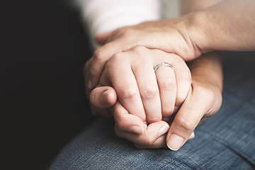 Image showing Empathy, trust and love with people holding hands in comfort, care or to console each other. Support, help or healing with friends praying together during depression, anxiety or the pain of loss