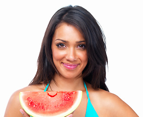 Image showing Happy woman, face and portrait with watermelon for healthy nutrition against a white studio background. Isolated young female person or model smiling with juicy fruit for food, diet or weight loss