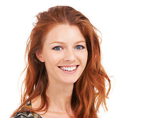 Image showing Natural ginger, woman portrait and happiness with cosmetics and pride in a studio. White background, happy face and smile of a young female person with hair beauty and closeup with confidence