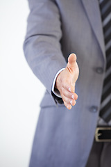 Image showing Businessman, handshake and meeting for greeting, hiring or introduction for b2b, partnership or deal at the office. Employee man shaking hands for recruiting, thank you or welcome at the workplace