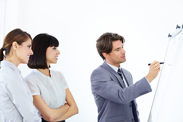 Image showing Businessman, writing and coaching in meeting on whiteboard for planning, strategy or collaboration at office. Business people in brainstorming, schedule or training staff in presentation at workplace