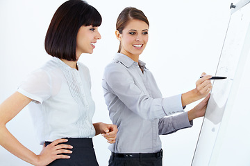 Image showing Business people, writing and coaching in meeting on whiteboard for planning, strategy or collaboration at office. Employee women in planning, schedule or training staff in presentation at workplace