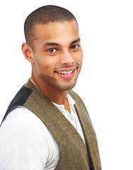 Image showing Portrait, fashion and smile with a man on a white background isolated in studio for contemporary style. Face, happy and trendy with a handsome young male model posing in stylish designer clothing