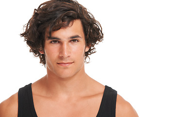 Image showing Serious, skincare and portrait of man on a white background with confidence, beauty and muscles. Spa, dermatology mockup and isolated face of young male person in studio for wellness, pride and glow