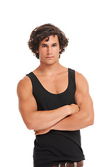 Image showing Fashion, crossed arms and portrait of man on a white background with confidence, attitude and edgy style. Serious, body builder and isolated handsome, attractive and Australian male person in studio