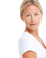 Image showing Woman in portrait, skin and natural beauty isolated on white background, face glow and plain t-shirt in studio. Cosmetic care, dermatology and female model with casual fashion and mockup space