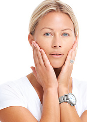 Image showing Woman in portrait, hands on face and natural beauty isolated on white background, skin glow and facial in studio. Cosmetic care, dermatology and young female model with skincare and wellness