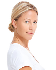 Image showing Woman in portrait, confident with natural beauty and isolated on white background, skin and plain t-shirt in studio. Cosmetic care, dermatology and female model face, casual fashion and mockup space