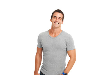 Image showing Happy, isolated and smile with portrait of man and mockup for attractive, youth and designer. Creative, handsome and fashion with muscular model on white background for modern, casual and real