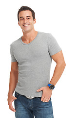 Image showing Fashion, isolated and smile with portrait of man and mockup for attractive, youth and trendy style. Edgy, handsome and happy with muscular model on white background for cool, casual and pride