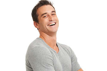 Image showing Man, studio portrait and laugh with happiness, fashion and funny face by white background. Isolated guy, male model and happy with t-shirt, clothes and confident smile with wellness by backdrop