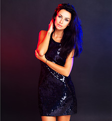 Image showing Beauty, fashion and disco with portrait of woman in cocktail dress for party, night and celebration. Hollywood, casino and makeup with girl model in black background for cosmetics, club and glamour