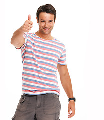 Image showing Success, thank you and thumbs up with portrait of man for feedback, support or winner. Vote, yes or agreement with isolated guy model and hand gesture for promotion, goal or trust in white background