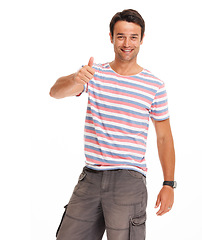 Image showing Success, thank you and thumbs up with portrait of man for feedback, support or winner. Vote, yes or agreement with isolated guy model and hand gesture for promotion, goal or trust in white background