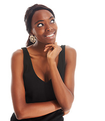 Image showing Isolated, thinking and smile with black woman in studio for idea and vision. Positive person and thoughtful, natural model standing on white background for decision, choice and mockup space