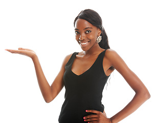 Image showing Isolated, gesture and mockup with portrait of black woman for confidence, idea and product advertisement. Deal, choice and decision with face of cute girl in white background studio for promotion