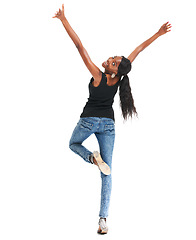 Image showing Freedom, isolated and and happy with proud black woman for confidence, empowerment and excited. Success, motivation and winner with girl in white background studio for happiness, proud and positive