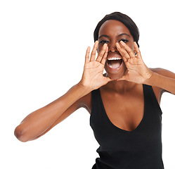 Image showing Shouting, hands and mockup with portrait of black woman for marketing, advertising and designer. Creative, yell and screaming with real girl isolated on white background for feedback, idea and vote