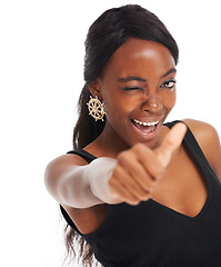 Image showing Wink, thumbs up and smile with portrait of black woman and mockup support, yes or agreement. Emoji, approval and like with girl and hand gesture isolated on white background for okay, winner or vote