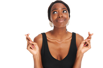 Image showing Fingers crossed, thinking and hope with black woman and mockup for good luck, wishing and idea. Superstition, planning and studio with girl isolated on white background for goals, target and sign