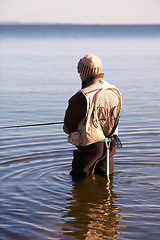 Image showing Nature, relax and fishing with man in lake for summer break, hobby and peace on vacation. Sports, casting and rod with fisherman or person standing in fresh water pond or river during a holiday