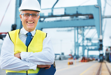 Image showing Happy portrait, logistics or shipping manager smile on port with container, cargo or plant in the background. Manufacturing, supply chain or freight leader in the industrial delivery business success