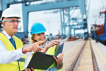 Image showing Logistics, teamwork or shipping people with checklist for cargo planning, collaboration or working in industrial site. Supply chain and happy manager for project management or delivery at shipyard