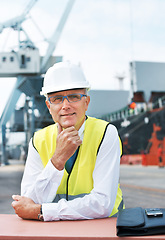 Image showing Happy portrait, logistics and shipping man or manager smile on port with container, cargo or construction site. Manufacturing, supply chain or freight senior leader or person for industrial business