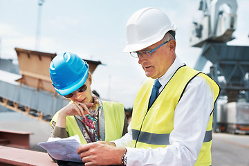 Image showing Logistics, teamwork or business people with checklist for cargo planning, collaboration or working in industrial site. Happy supply chain, smile or manager for project management or delivery strategy