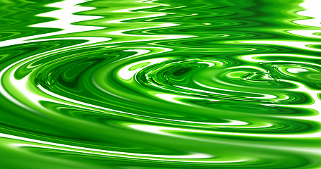 Image showing 3D, animated and VFX of neon, shiny and futuristic waves making ripples in liquid green color substance. Texture, movement and pool with glowing zen water for a vaporwave aesthetic background