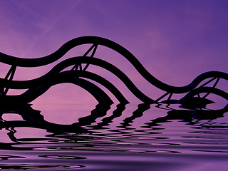 Image showing 3D, silhouette and VFX of purple fantasy vaporwave aesthetic horizon with calm water, ocean or lake. Color, reflection and mystical night landscape of a pool with steel pipes for zen background