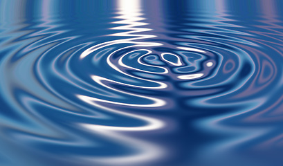 Image showing 3D liquid ripples or VFX blue shiny waves substance with a metallic reflection on surface. Texture, movement and motion in a futuristic pool with glowing water for a vaporwave aesthetic background