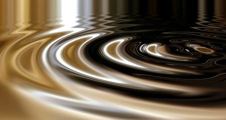 Image showing 3D wallpaper of liquid ripples or silver shiny circular lines with a metallic reflection on the surface. Texture, effect and artistic pattern of movement in a chrome pool with glowing zen water